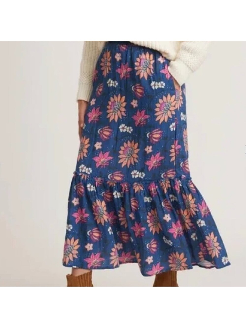 Marine Layer Blue Floral Midi Skirt with Pink & Peach Blooms
